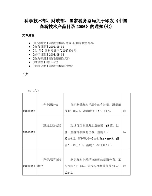 科学技术部、财政部、国家税务总局关于印发《中国高新技术产品目录2006》的通知(七)