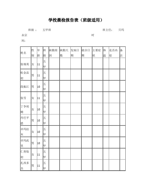 学校晨检记录表(班级汇总)