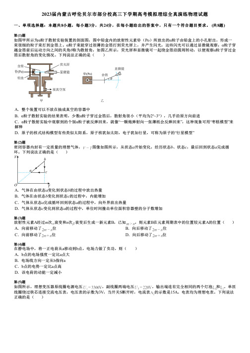 2023届内蒙古呼伦贝尔市部分校高三下学期高考模拟理综全真演练物理试题