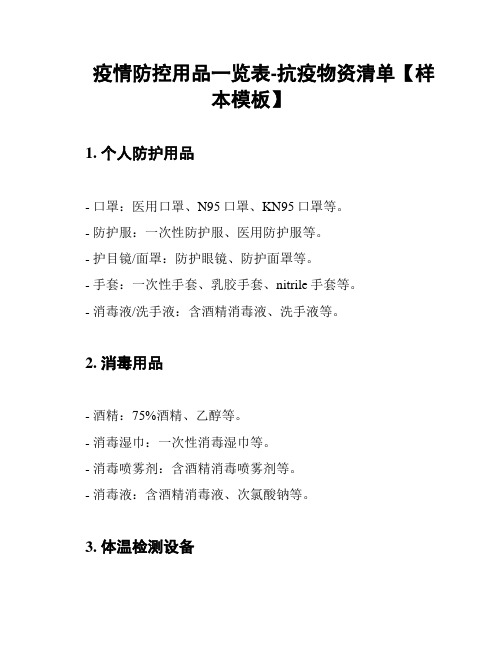 疫情防控用品一览表-抗疫物资清单【样本模板】