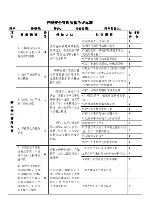 护理安全管理质量考评标准