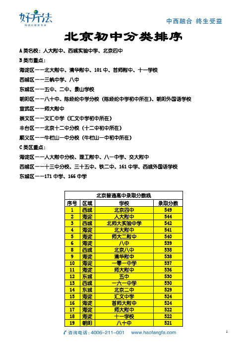 北京初中分类排序