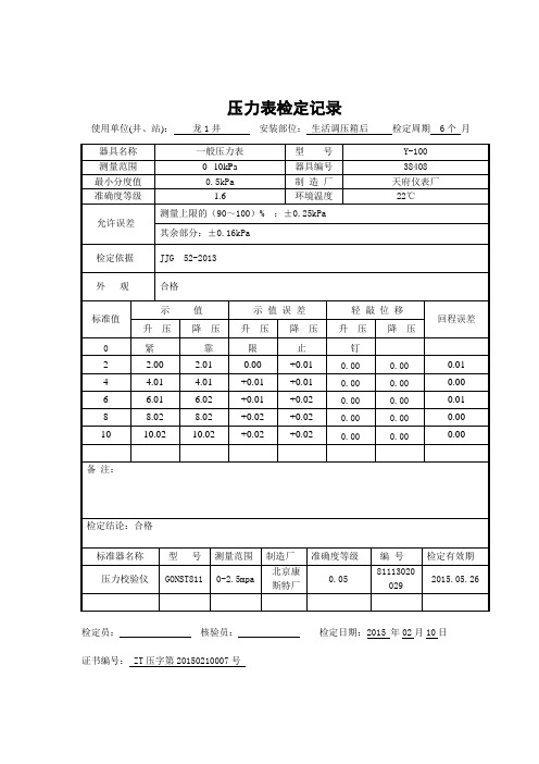 一般压力表检定记录 Y-100 0-10kpa