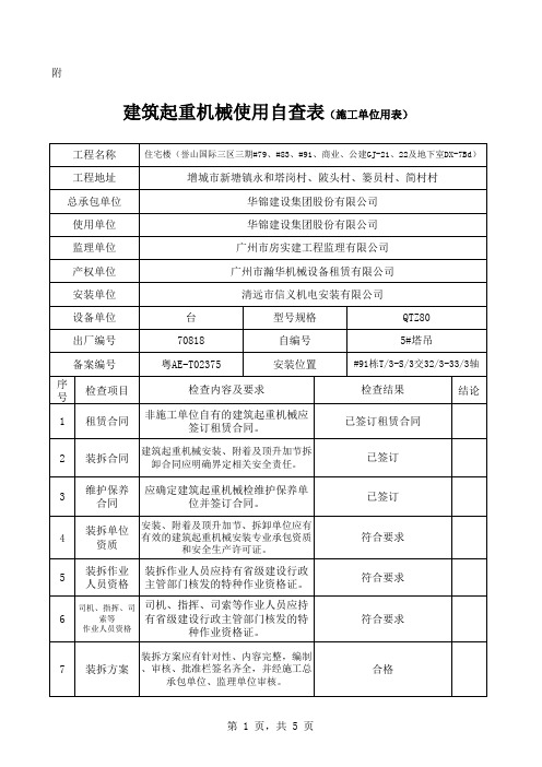 建筑起重机械使用自查表(施工单位用表)2015-9-10