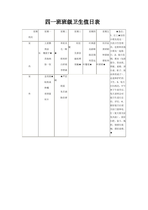 四一班班级卫生值日表