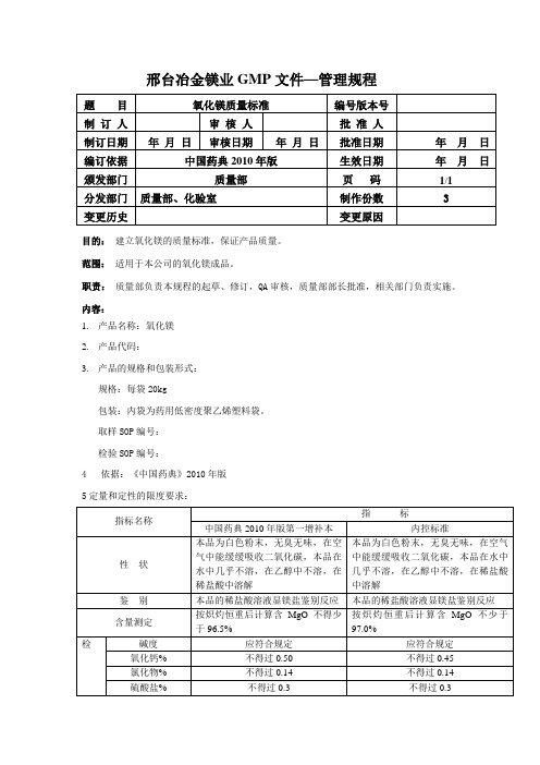 氧化镁质量标准