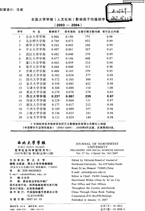 全国大学学报(人文社科)影响因子均值排序