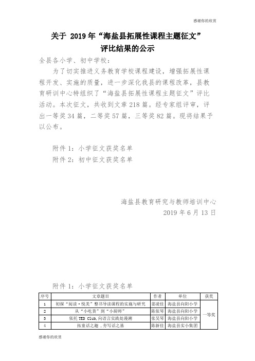 关于 2019年“海盐县拓展性课程主题征文”评比结果的公示.doc