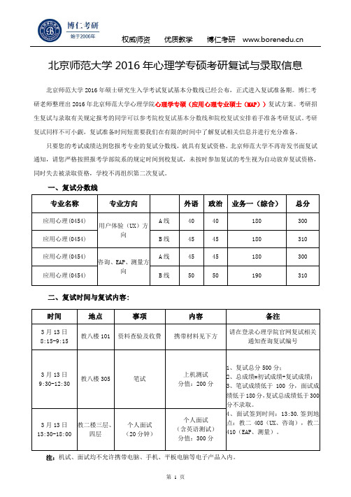 北京师范大学2016年心理学专硕考研复试与录取信息