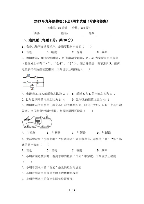 2023年九年级物理(下册)期末试题(附参考答案)