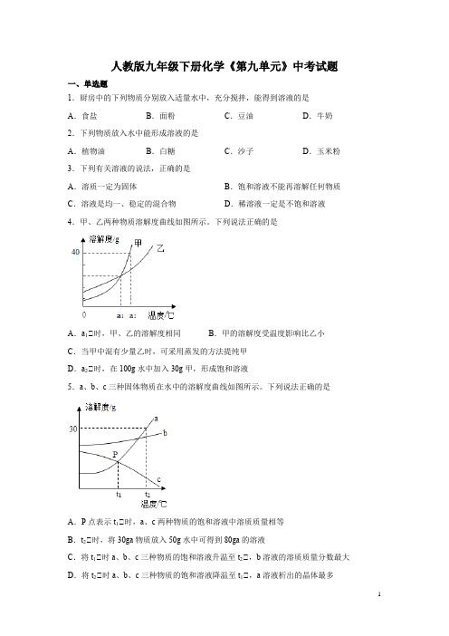 人教版九年级下册化学《第九单元》中考试题