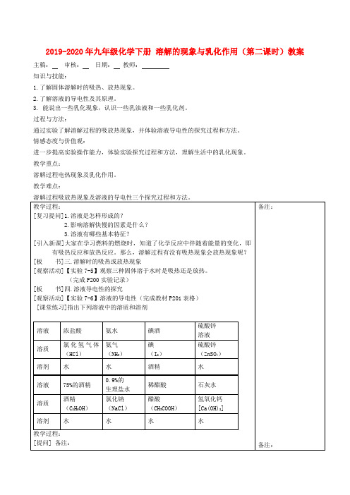 2019-2020年九年级化学下册 溶解的现象与乳化作用(第二课时)教案