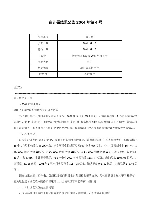 审计署结果公告2004年第4号-审计署结果公告2004年第4号