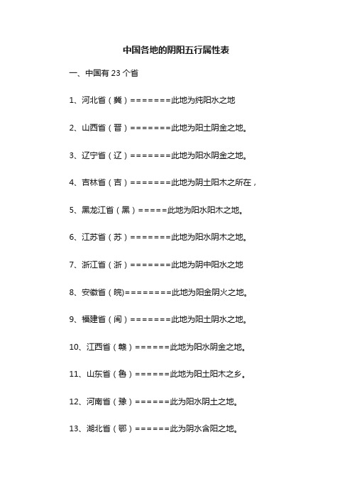 中国各地的阴阳五行属性表