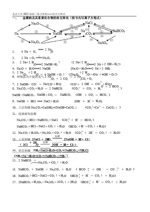 g高中金属化学方程式大全