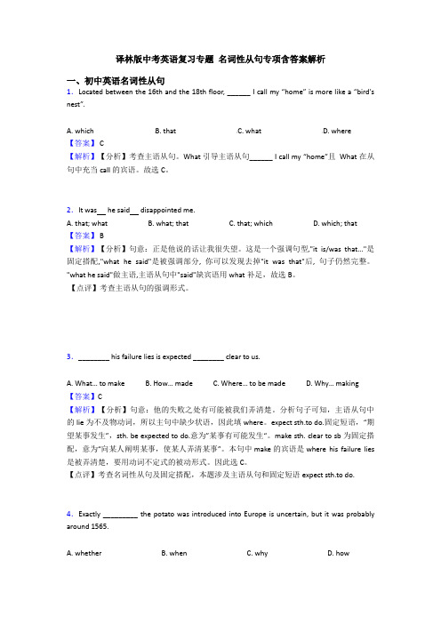 译林版中考英语复习专题 名词性从句专项含答案解析