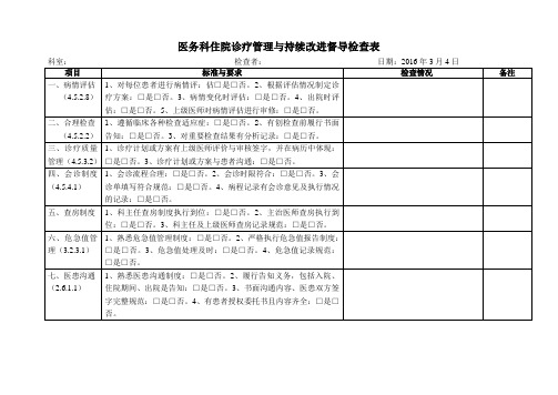 医务科住院诊管理与持续改进督导检查表2