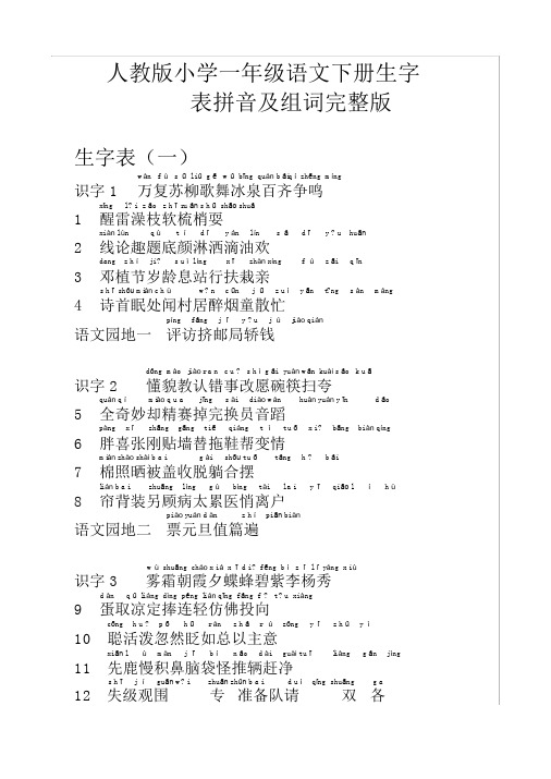 人教版小学一年级语文下册生字表拼音注音与组词完整版