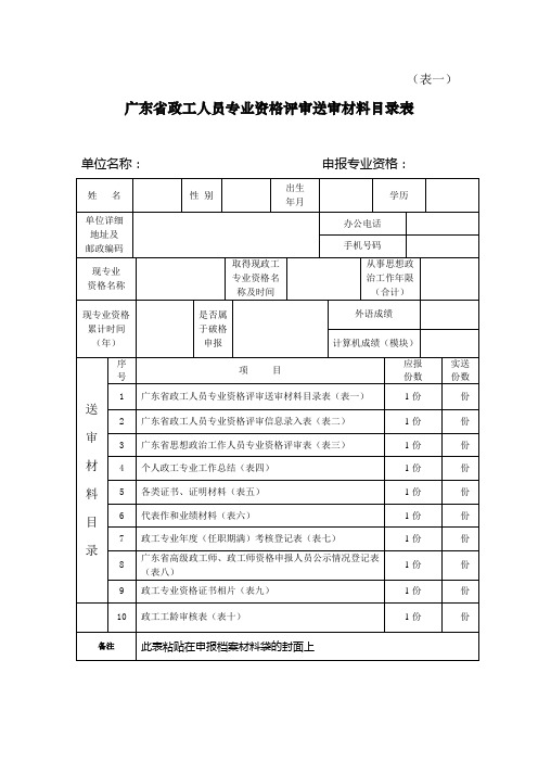 政工师评审用表(表一到表十)