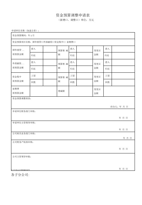 资金预算调整申请表 附公司资金月预算编制说明