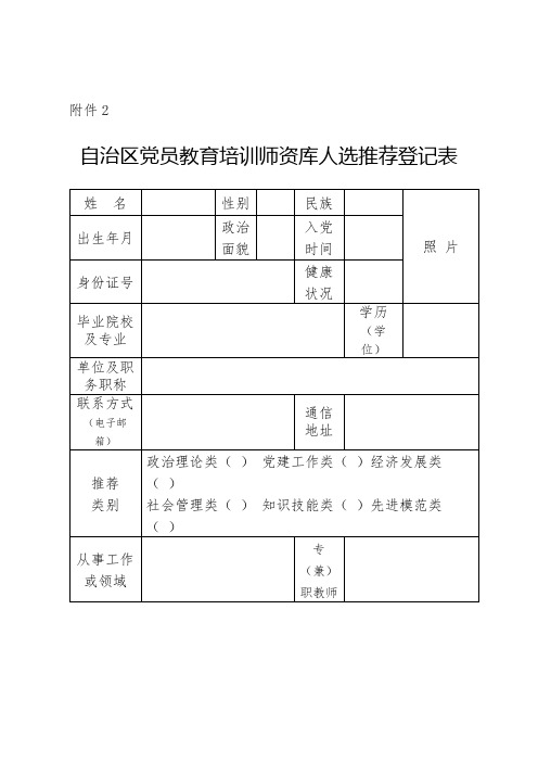 自治区党员教育培训师资库人选推荐登记表【模板】