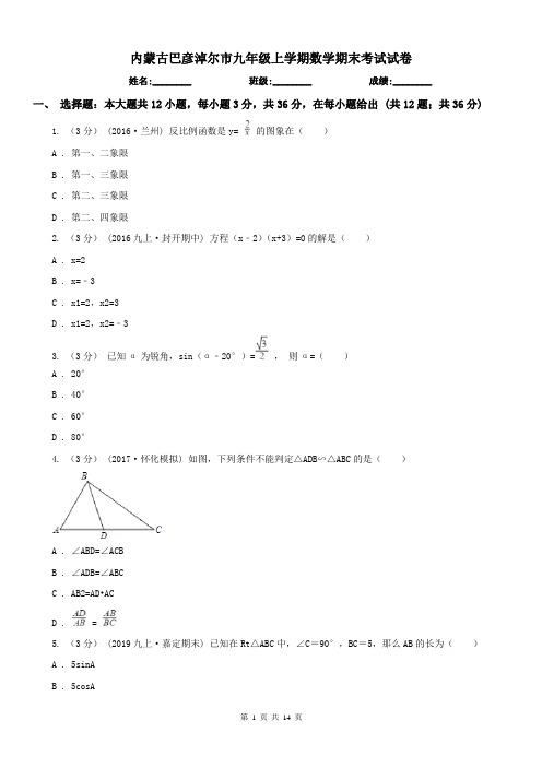 内蒙古巴彦淖尔市九年级上学期数学期末考试试卷