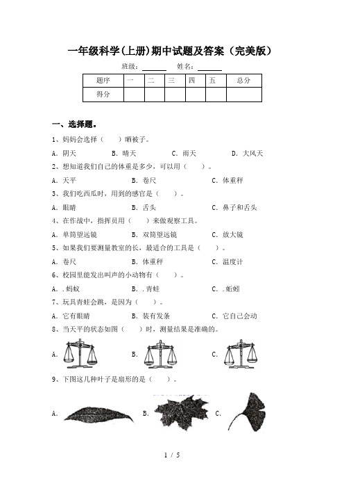 一年级科学(上册)期中试题及答案(完美版)