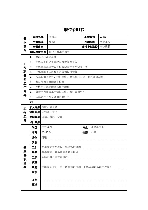 高炉工段卷扬工岗位职责