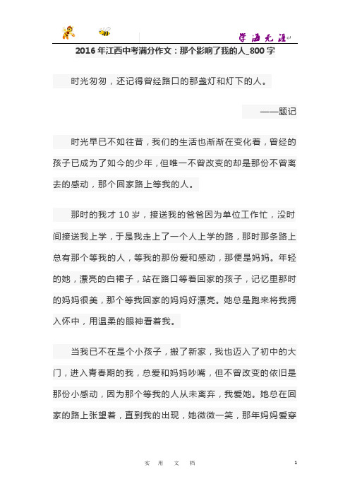 2016年江西中考满分作文：那个影响了我的人_800字