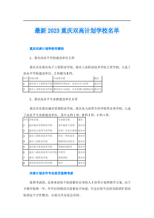 最新2023重庆双高计划学校名单