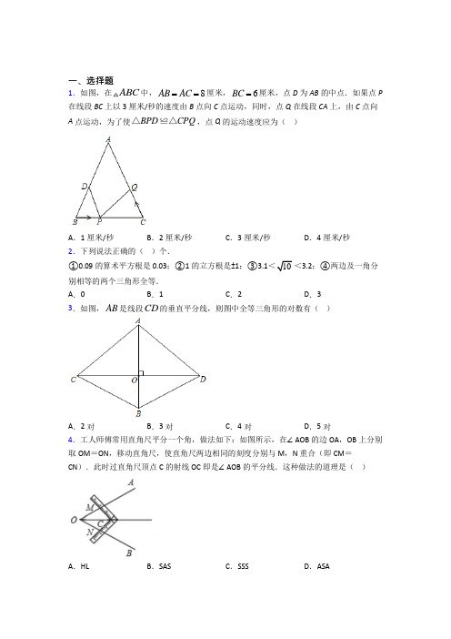 新人教版初中数学八年级数学上册第二单元《全等三角形》检测(包含答案解析)(3)