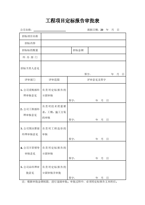 工程项目定标报告审批表模板