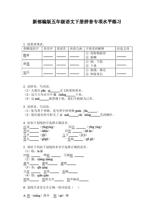 新部编版五年级语文下册拼音专项水平练习