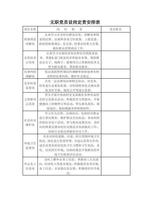 无职党员设岗定责安排表