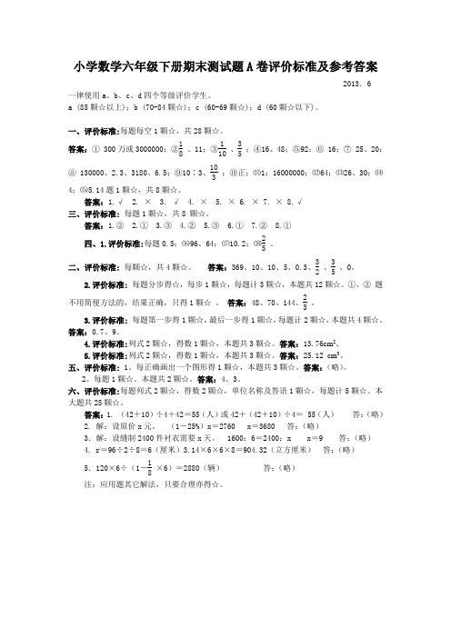 小学数学六年级下册期末测试题评价标准及参考答案(1)