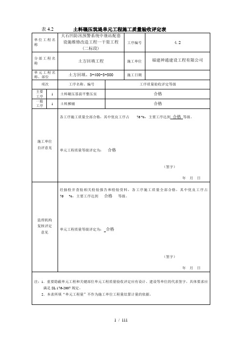 土料碾压筑堤单元工程施工质量验收评定表