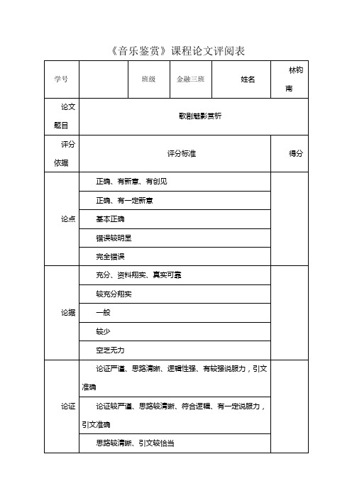 音乐鉴赏课程论文评阅表样表