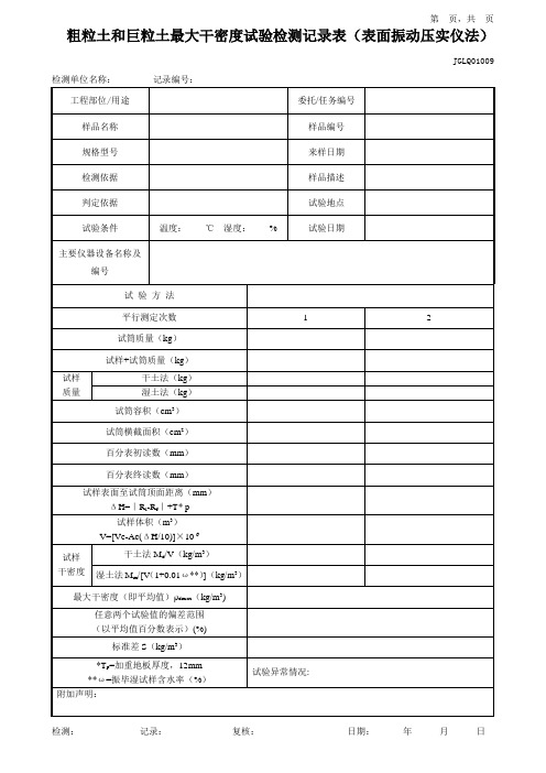 粗粒土和巨粒土最大干密度试验检测记录表(表面振动压实仪法)