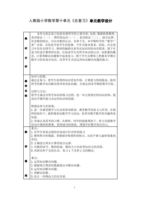 人教版小学数学二年级下册第十单元《总复习》单元教学设计