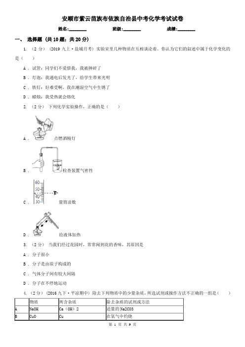 安顺市紫云苗族布依族自治县中考化学考试试卷