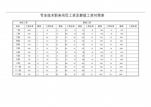 专业技术职务岗位工资及薪级工资对照表