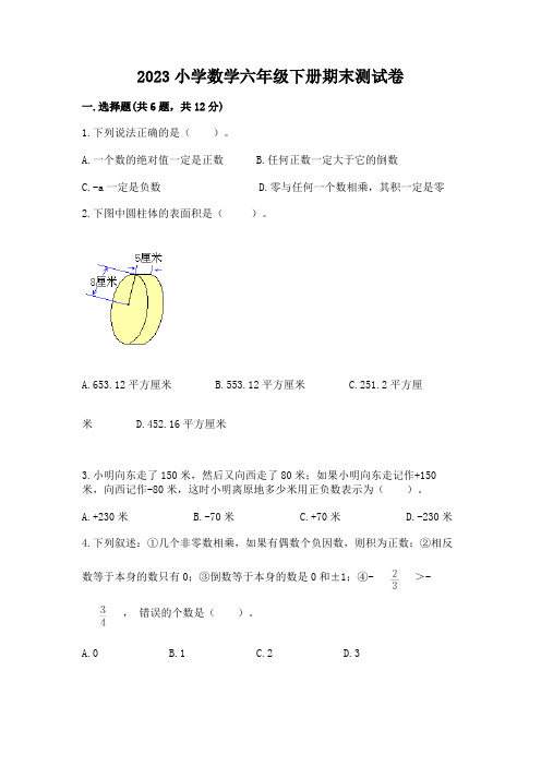 2023小学数学六年级下册期末测试卷含答案(完整版)