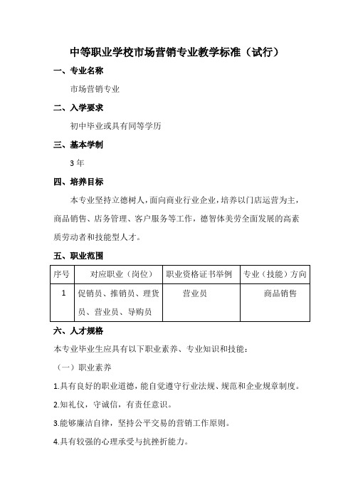 中等职业学校市场营销专业教学标准定稿