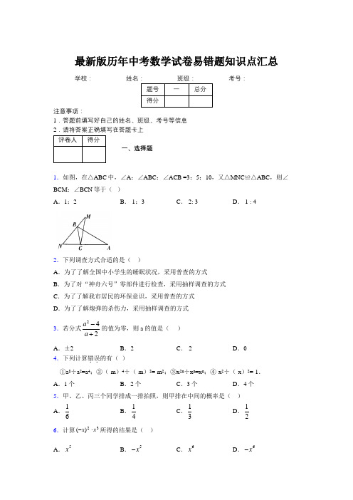 2019最新版历年中考数学试卷易错题知识点汇总682964