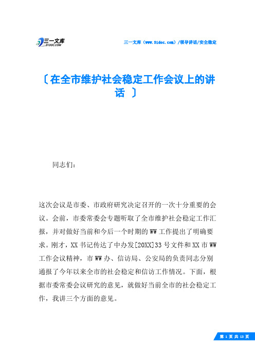 在全市维护社会稳定工作会议上的讲话