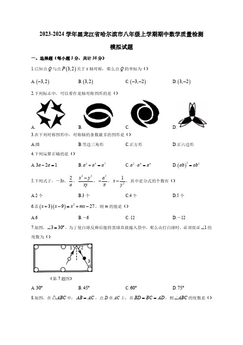 2023-2024学年黑龙江省哈尔滨市八年级上学期期中数学质量检测模拟试题(含解析)