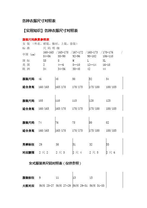 各种衣服尺寸对照表