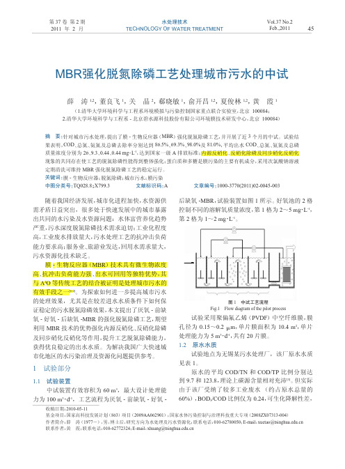 MBR强化脱氮除磷工艺处理城市污水的中试