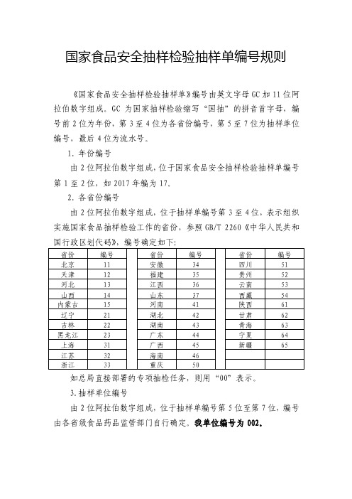 国家食品安全抽样检验抽样单编号规则