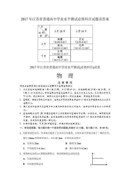 2017年江苏省普通高中学业水平测试必修科目试题及答案(Word版)